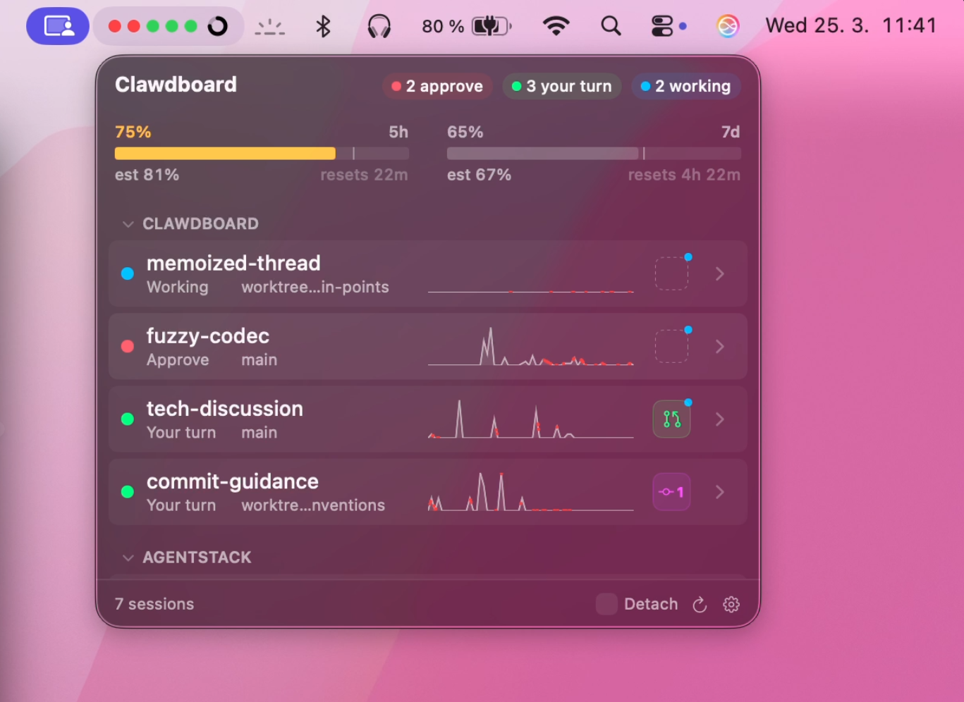 Clawdboard showing active sessions with status indicators